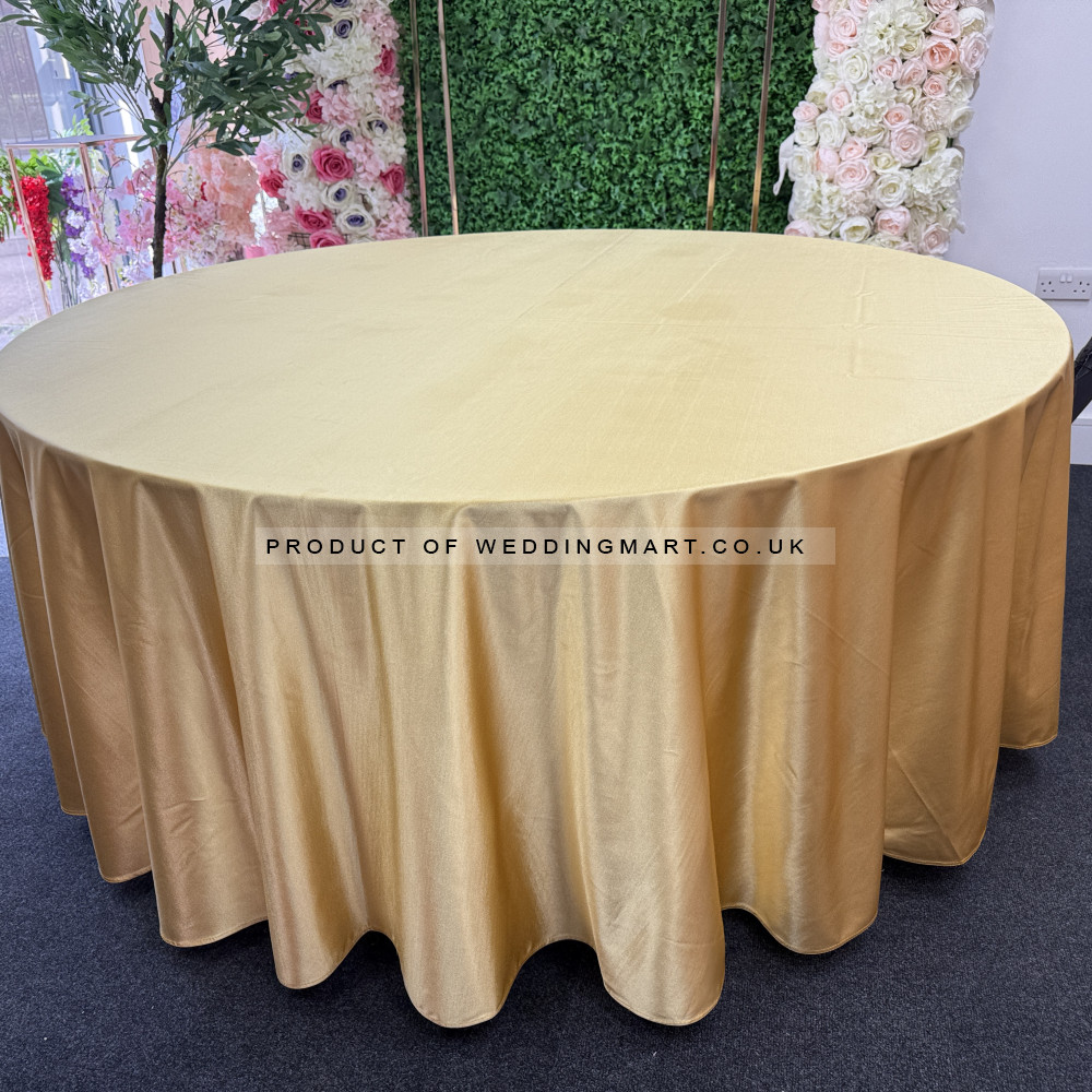 120 inch Heavy Duty Round Satin Table Cloth - Gold – Wholesale Satin Tablecloths for Wedding Decorators | WeddingMart